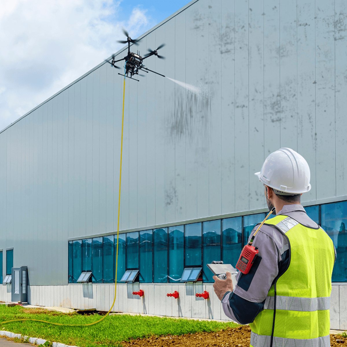 Dron pere fasadu industrijskog objekta