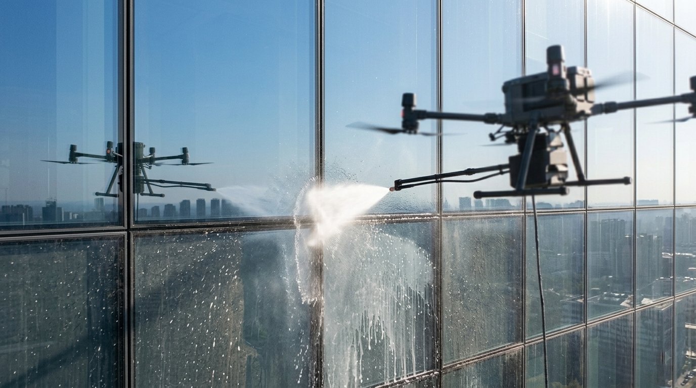 Dron brzo pere visoku staklenu fasadu